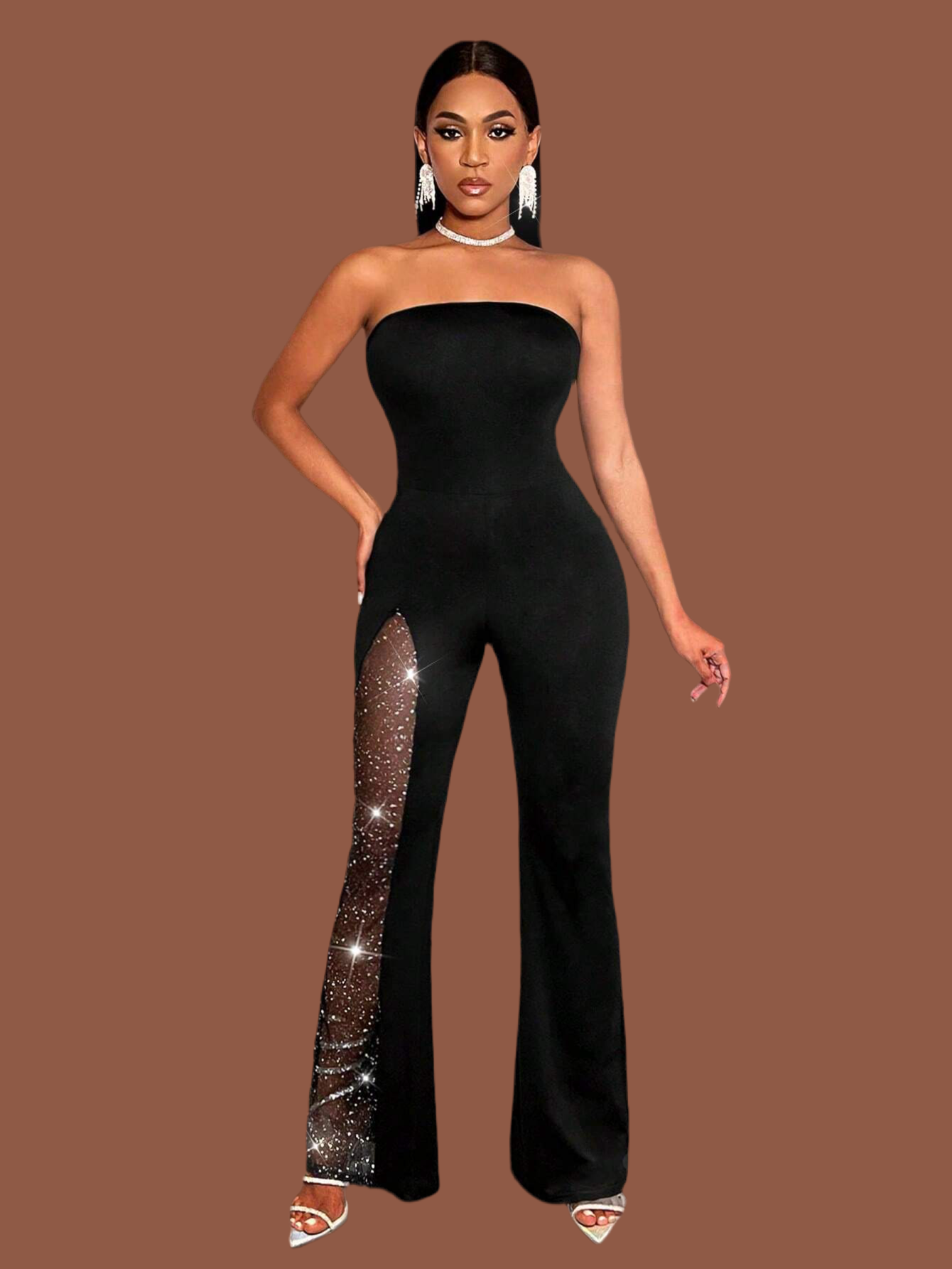 Women Rhinestone Mesh Splice Strapless Jumpsuit