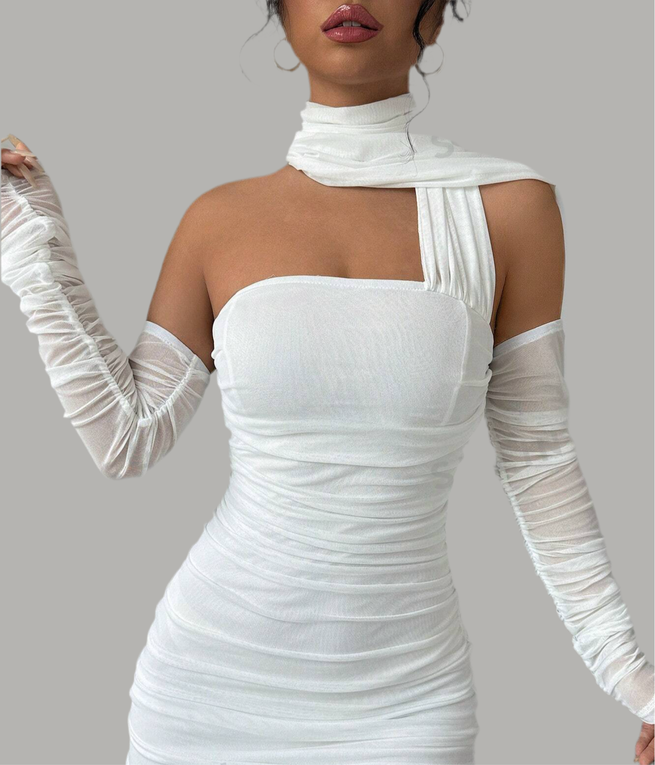 Elegant  Asymmetrical Neck Ruched Long Sleeve White Long Dress