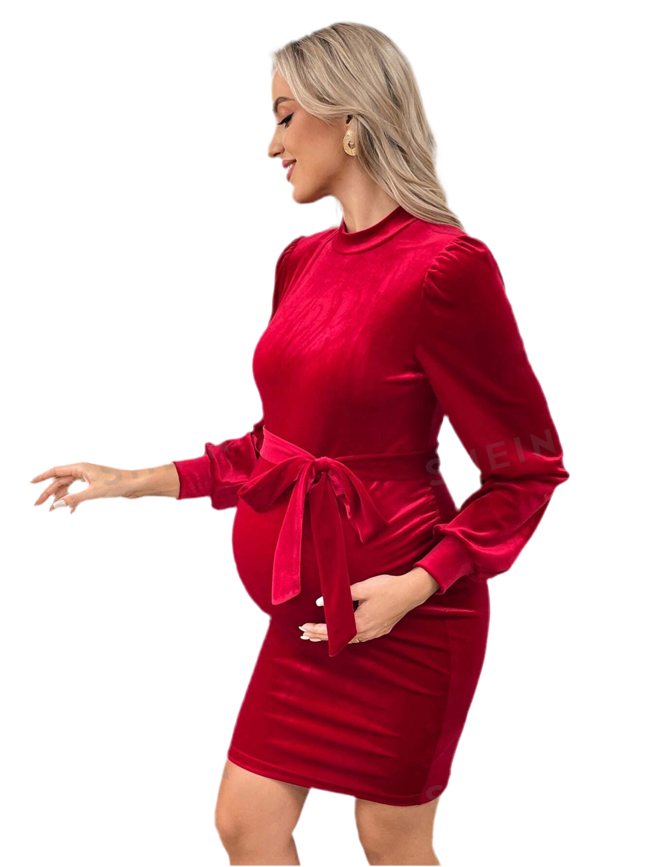 Maternity Mock Neck Gigot Sleeve Belted Fitted Dress, Red