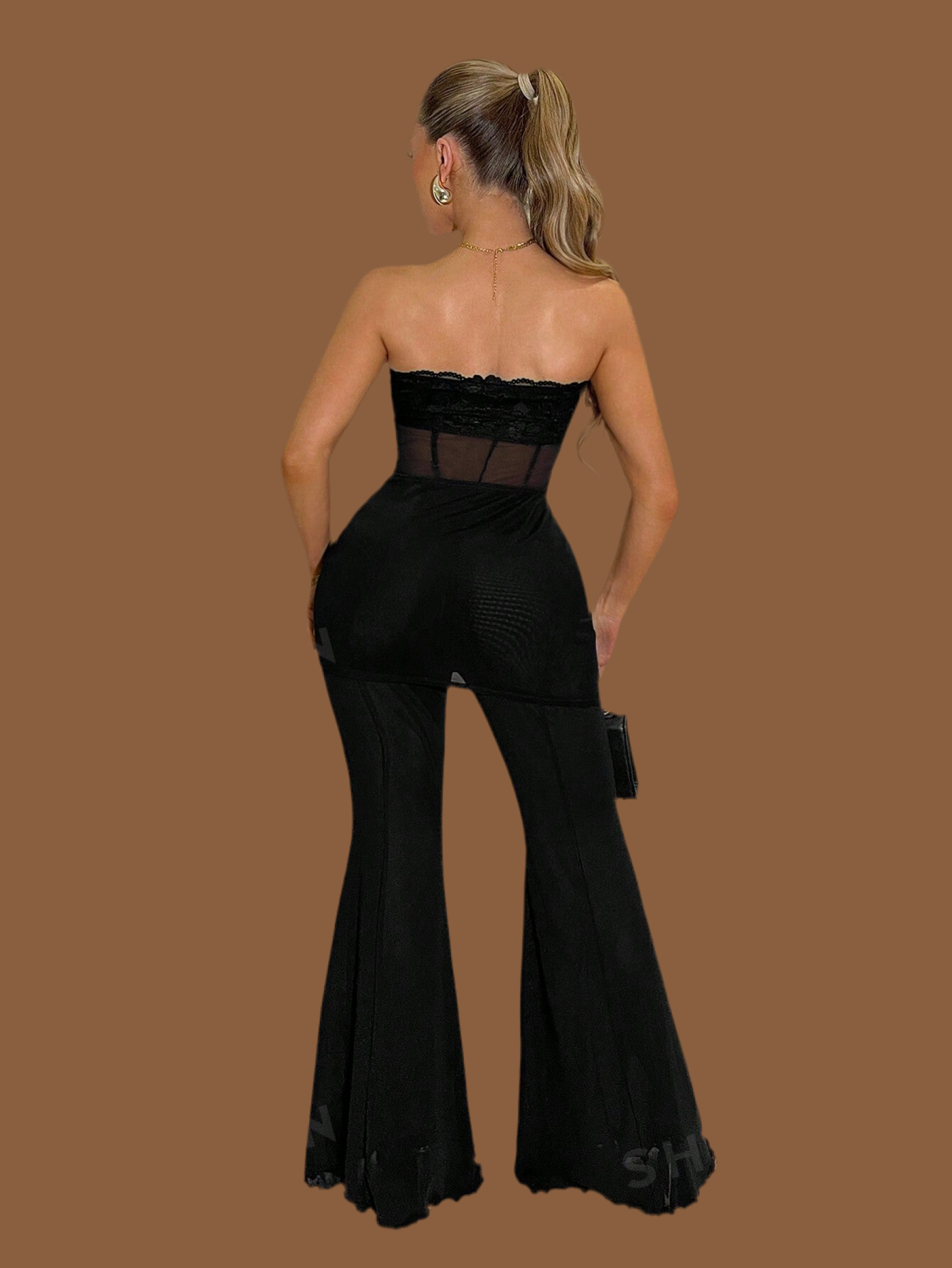 Women Solid Color Mesh Pleated Strapless Jumpsuit