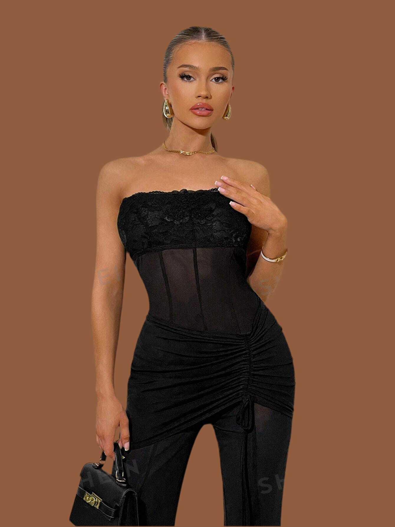 Women Solid Color Mesh Pleated Strapless Jumpsuit