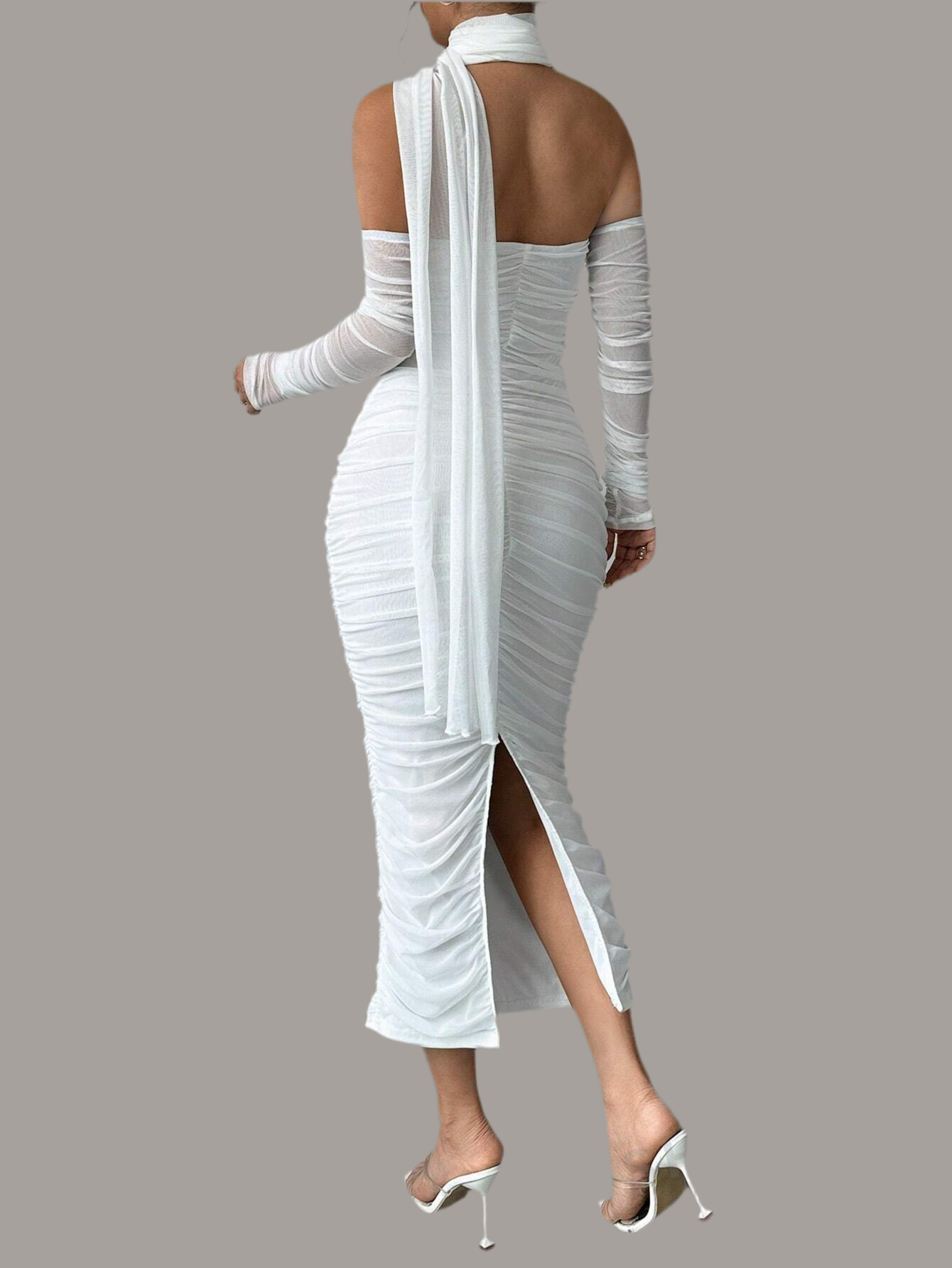 Elegant  Asymmetrical Neck Ruched Long Sleeve White Long Dress