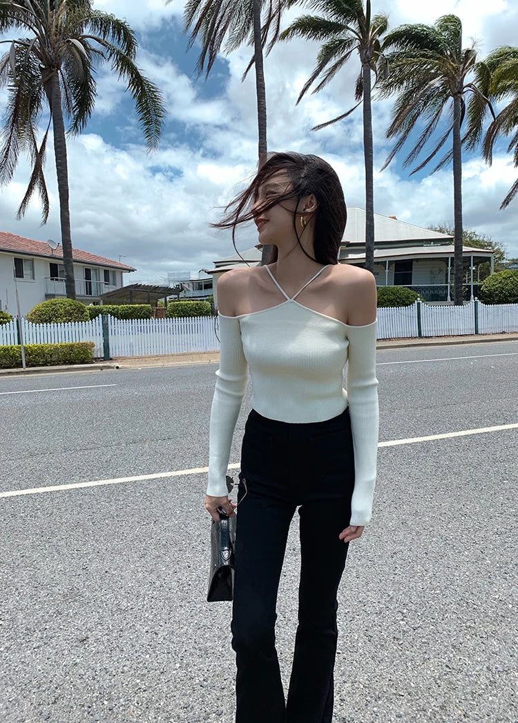 Off Shoulder Slim Knitted Sweaters