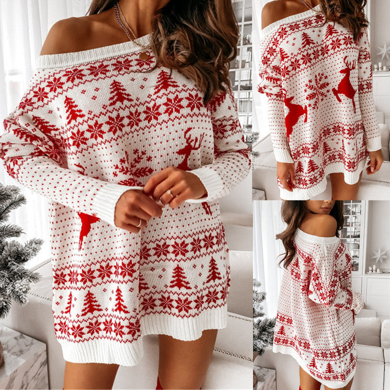 Christmas Dress Snowflake Fawn Print Sweater