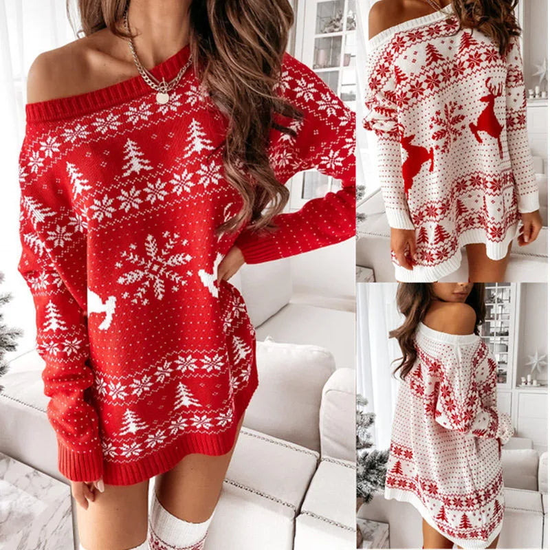 Christmas Dress Snowflake Fawn Print Sweater