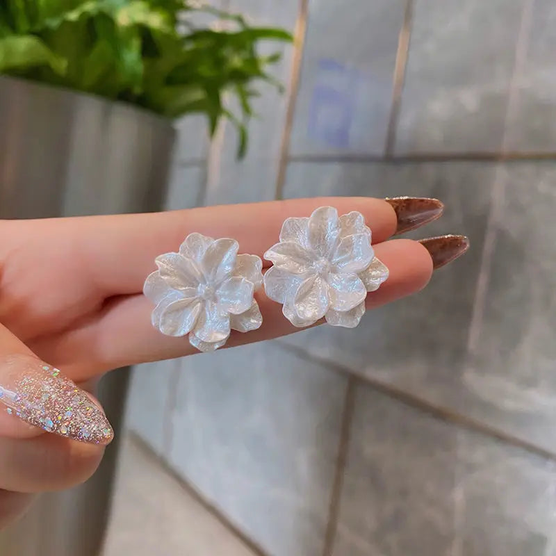 White Enamel Flower Stud Earrings