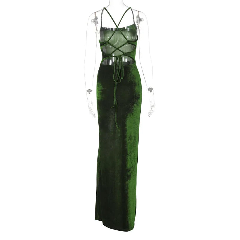 Lace Up Green Velvet Strap Maxi Dress