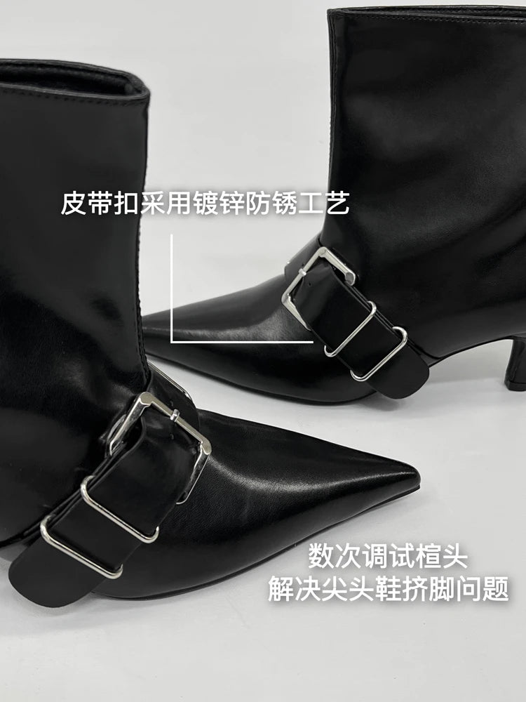 Pointed Toe Metal Buckle Strap Short Boots