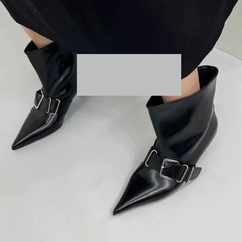 Pointed Toe Metal Buckle Strap Short Boots