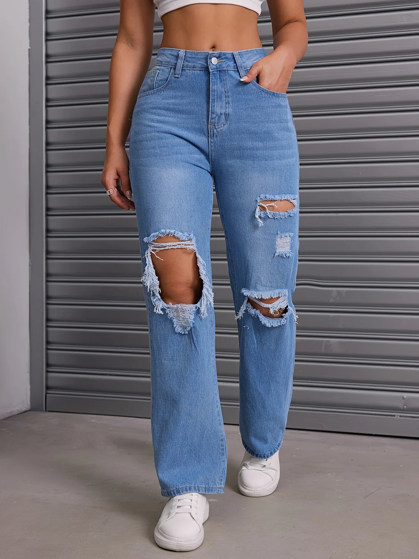 Blue Ripped High Waist Straight Jeans