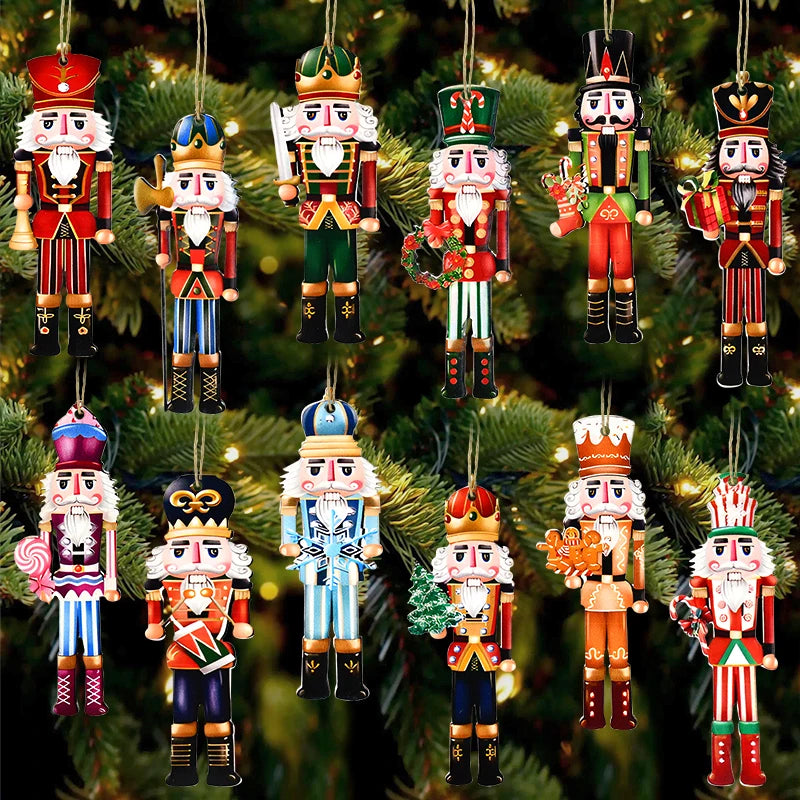 12Pcs Nutcracker Soldier Wooden Pendant Xmas Tree Hanging