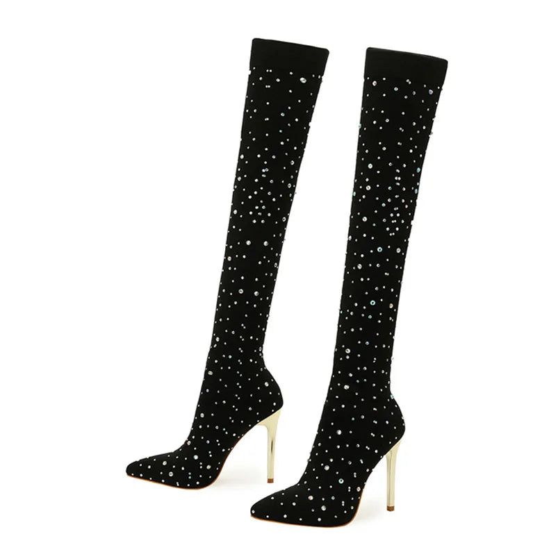 Crystal Rhinestone Stretch Fabric Sexy High Heels boots