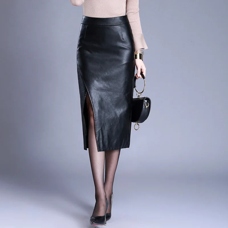 Women Slim Black PU Leather Bodycon Pencil Skirt