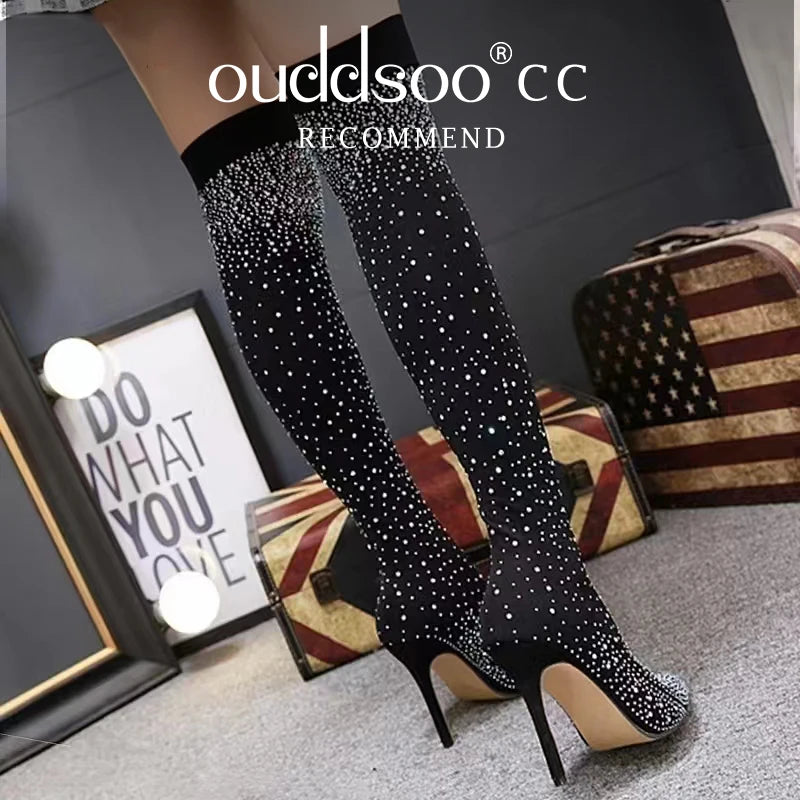 Crystal Rhinestone Stretch Fabric Sexy High Heels boots