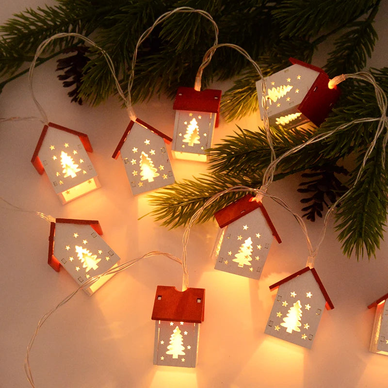 Christmas Wooden House LED String Light Xmas