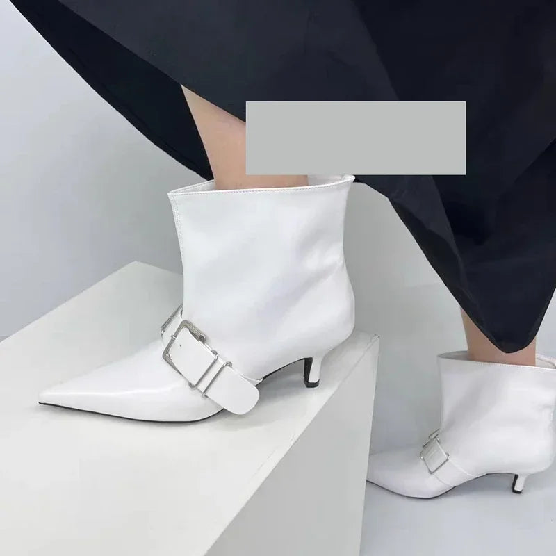 Pointed Toe Metal Buckle Strap Short Boots