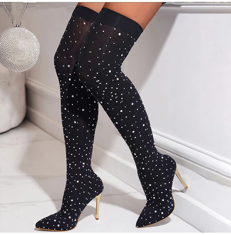 Crystal Rhinestone Stretch Fabric Sexy High Heels boots