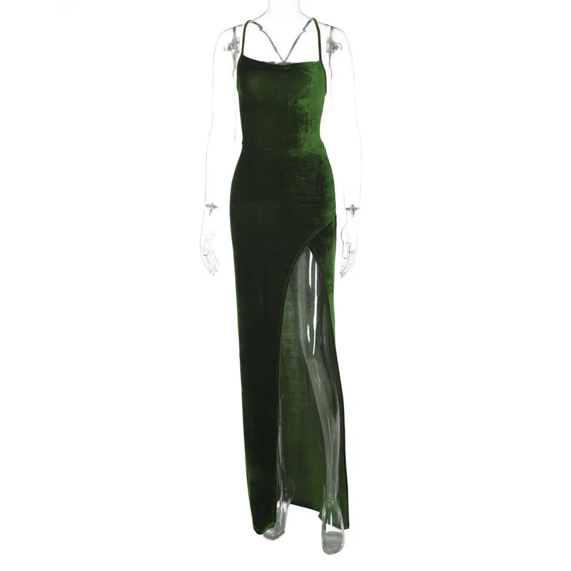 Lace Up Green Velvet Strap Maxi Dress