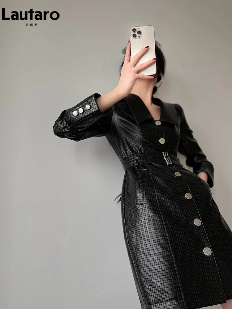 Chic Retro Black Gingham Pu Leather Dress