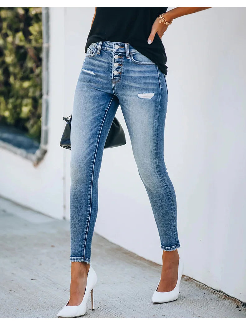 Mid Waist Ripped Jeans For Women