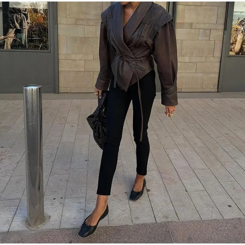 Pu Leather Jacket Chic Lapel Long Sleeve Slim