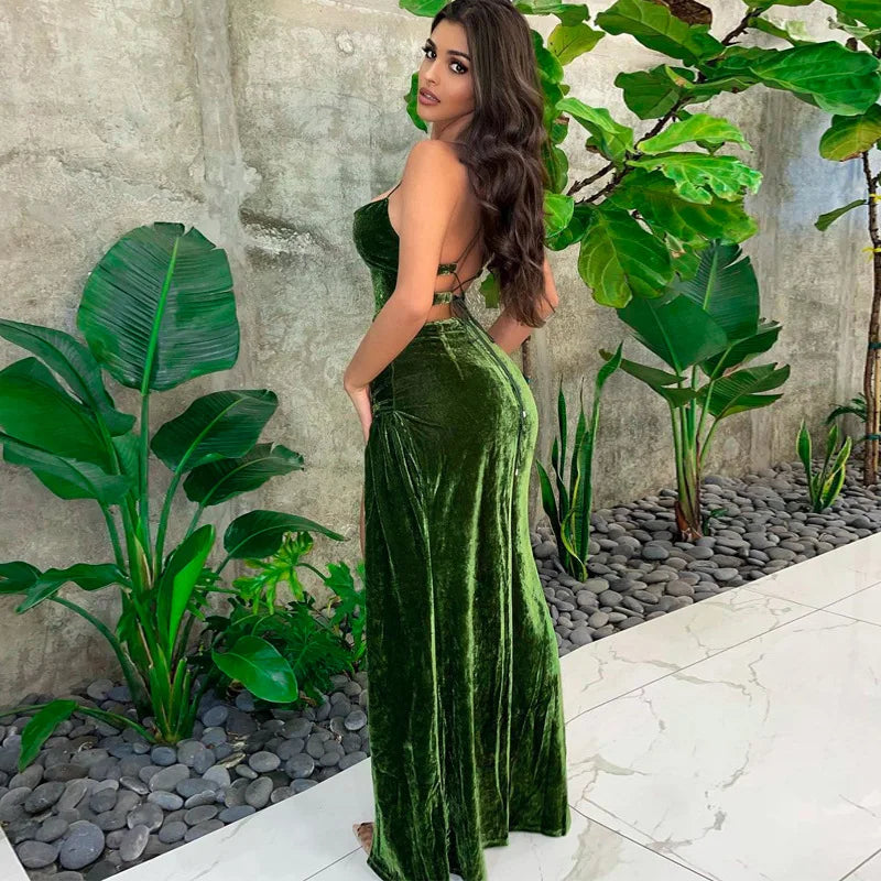 Lace Up Green Velvet Strap Maxi Dress