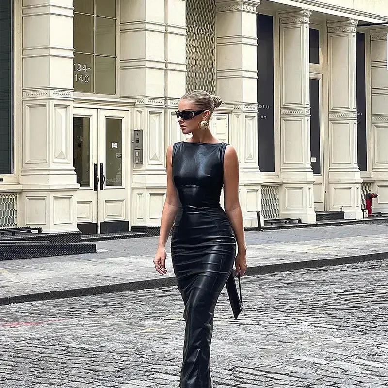 Leather Sleeveless Bodycon Zipper Long Dress