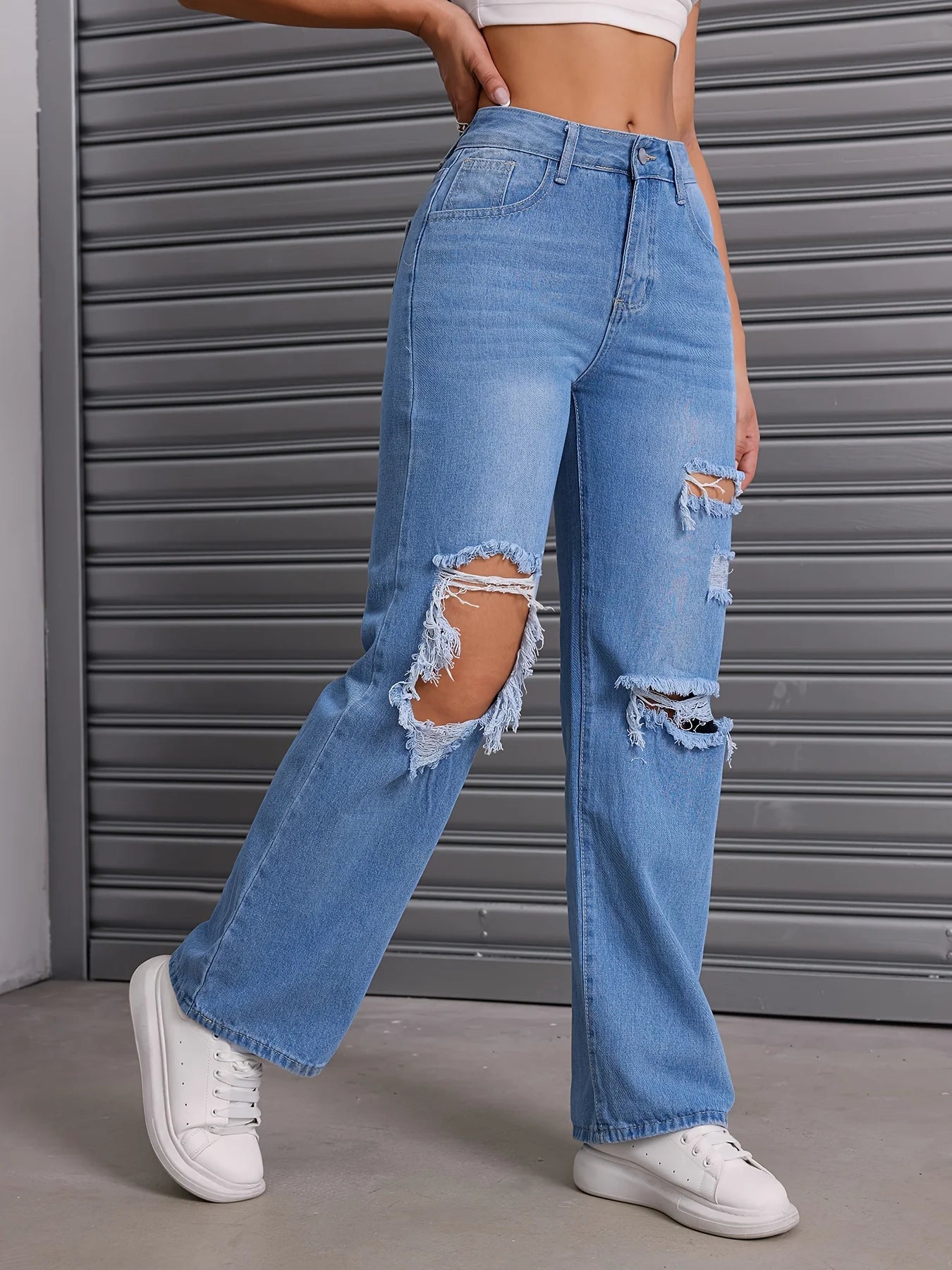 Blue Ripped High Waist Straight Jeans