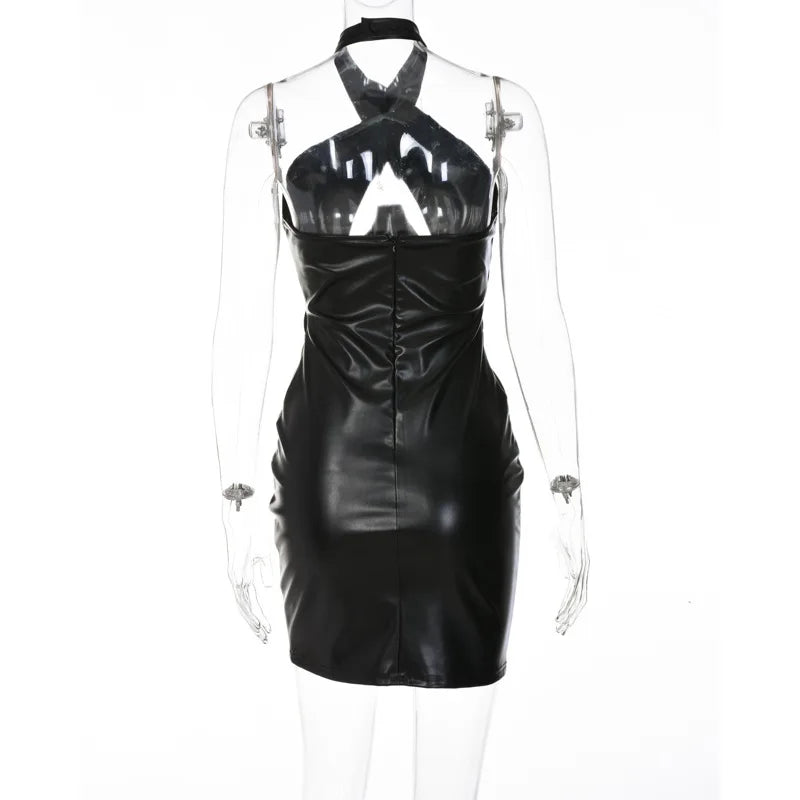 leather hollowed out back zipper slim waist dress