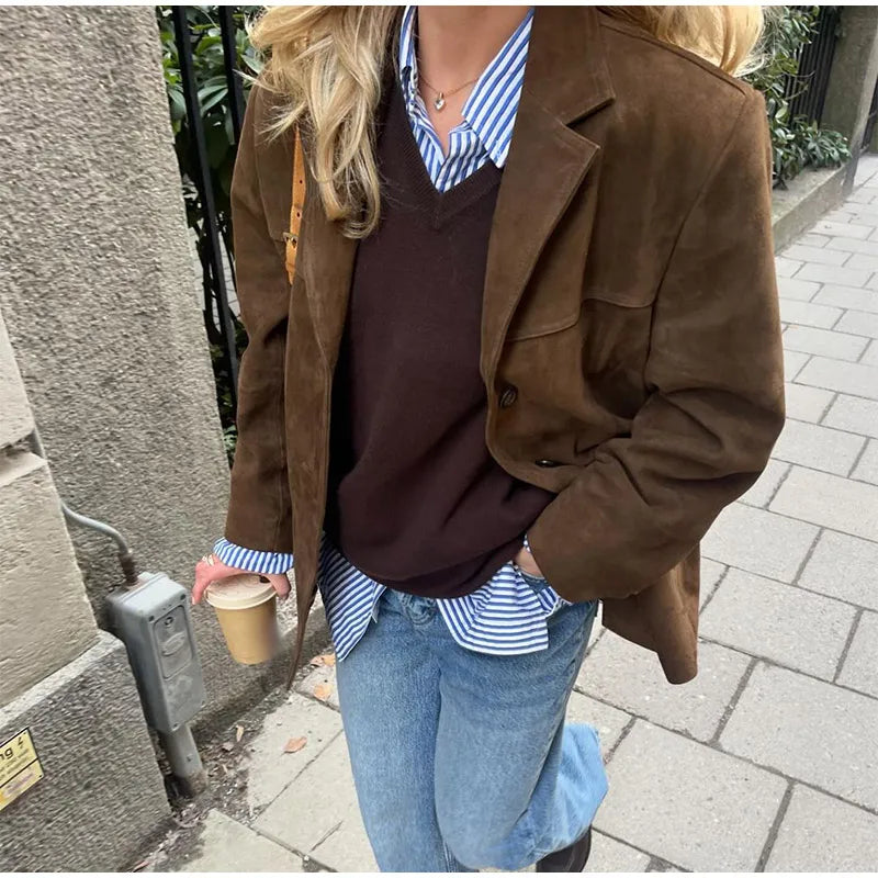 Vintage Brown Lapel With Pocket Jacket