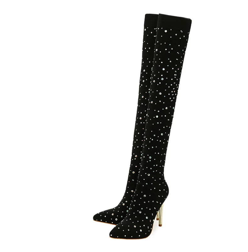 Crystal Rhinestone Stretch Fabric Sexy High Heels boots