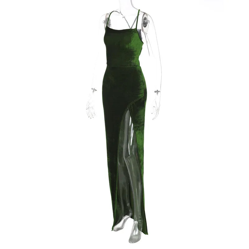 Lace Up Green Velvet Strap Maxi Dress