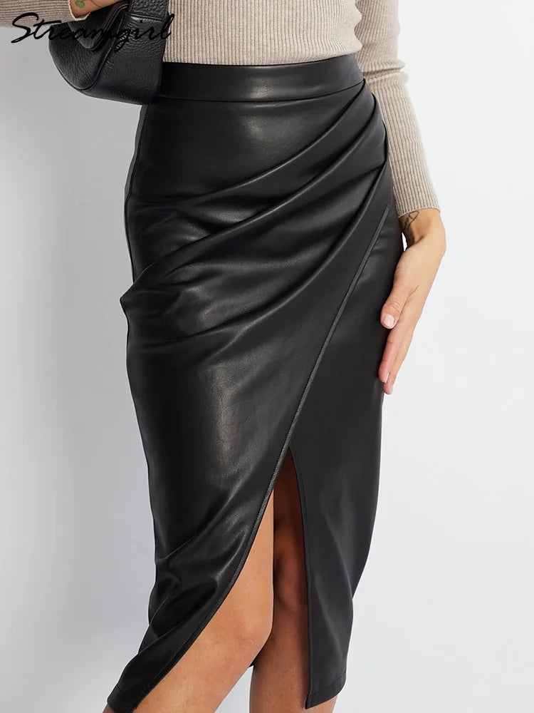 Women Leather Skirt Midi High Waist