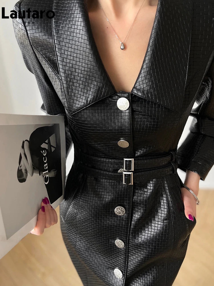 Chic Retro Black Gingham Pu Leather Dress