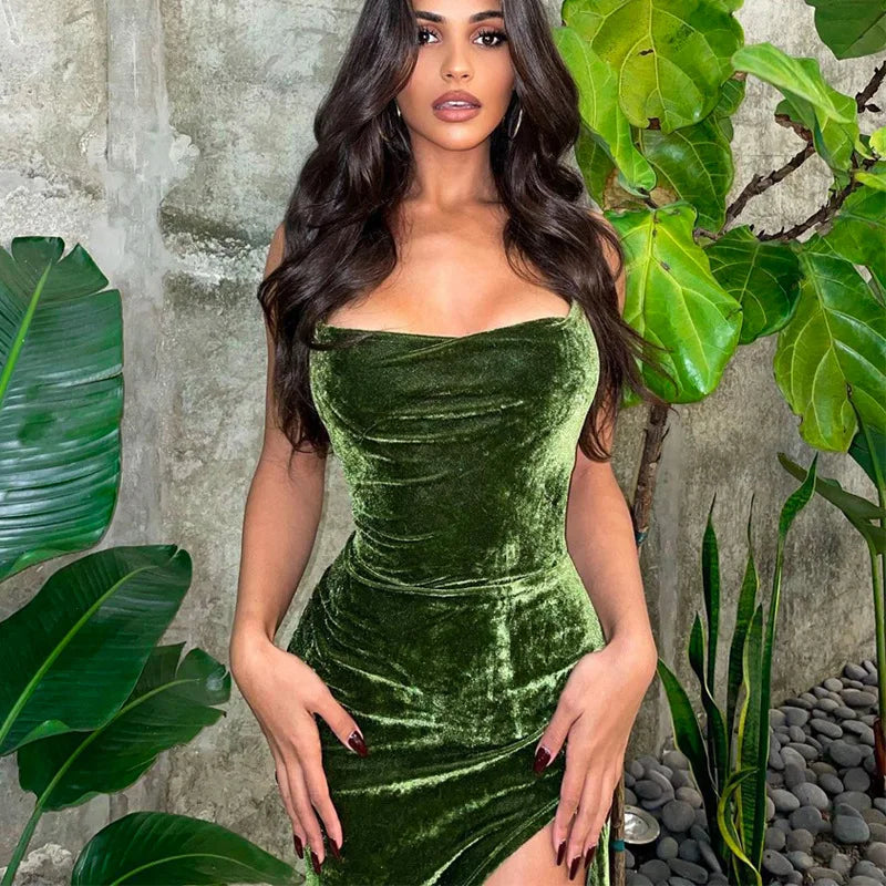 Lace Up Green Velvet Strap Maxi Dress