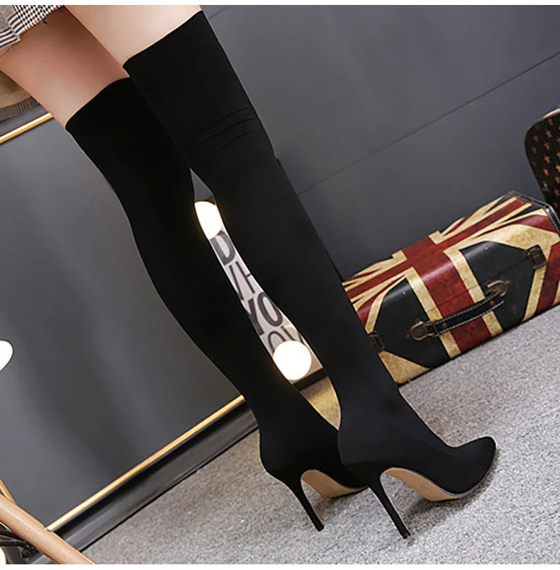 Crystal Rhinestone Stretch Fabric Sexy High Heels boots