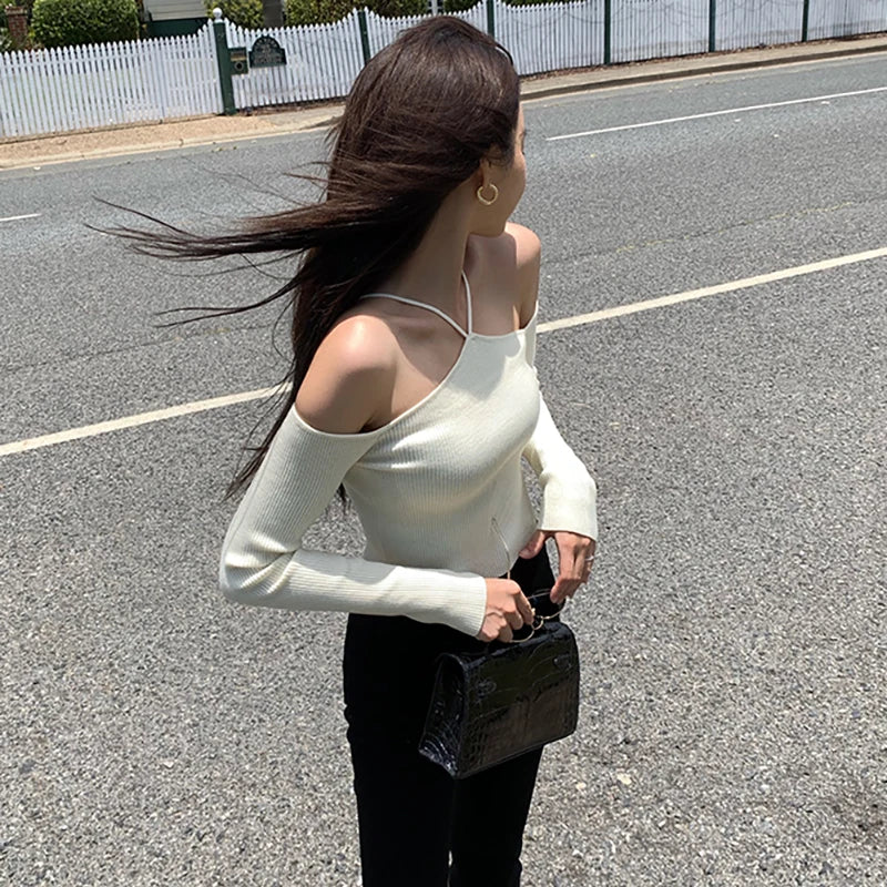 Off Shoulder Slim Knitted Sweaters