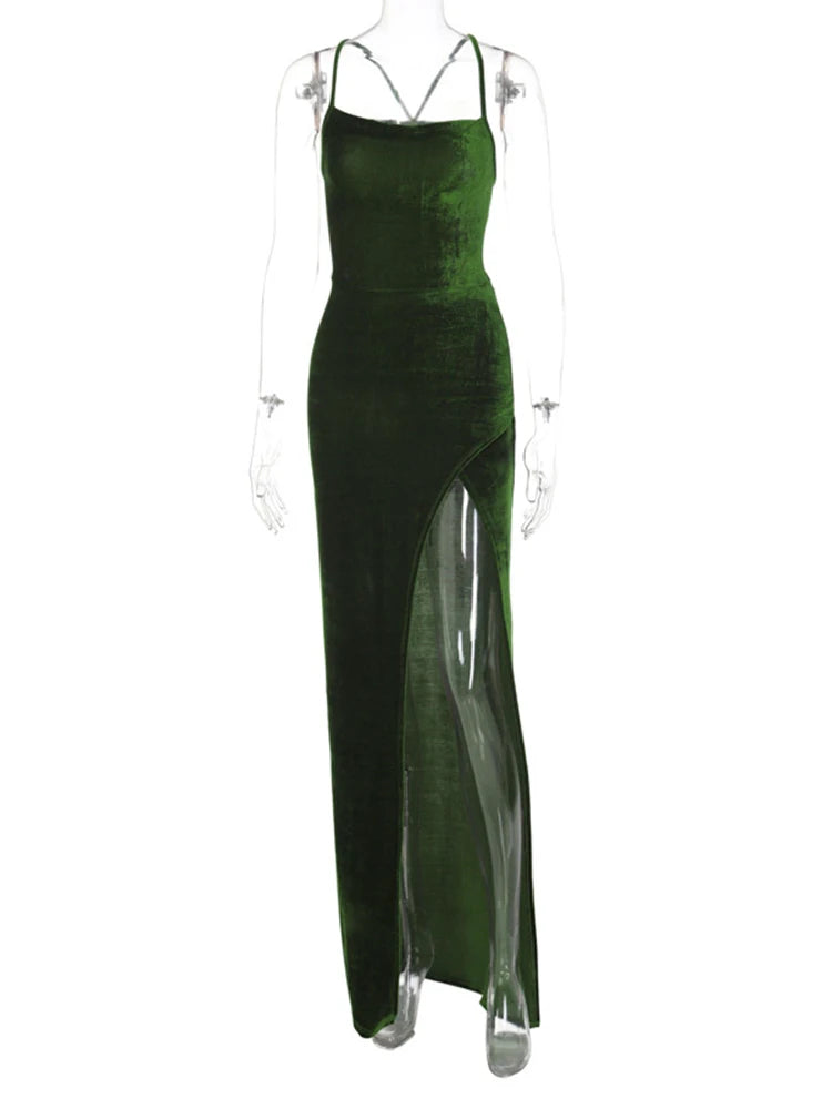 Lace Up Green Velvet Strap Maxi Dress