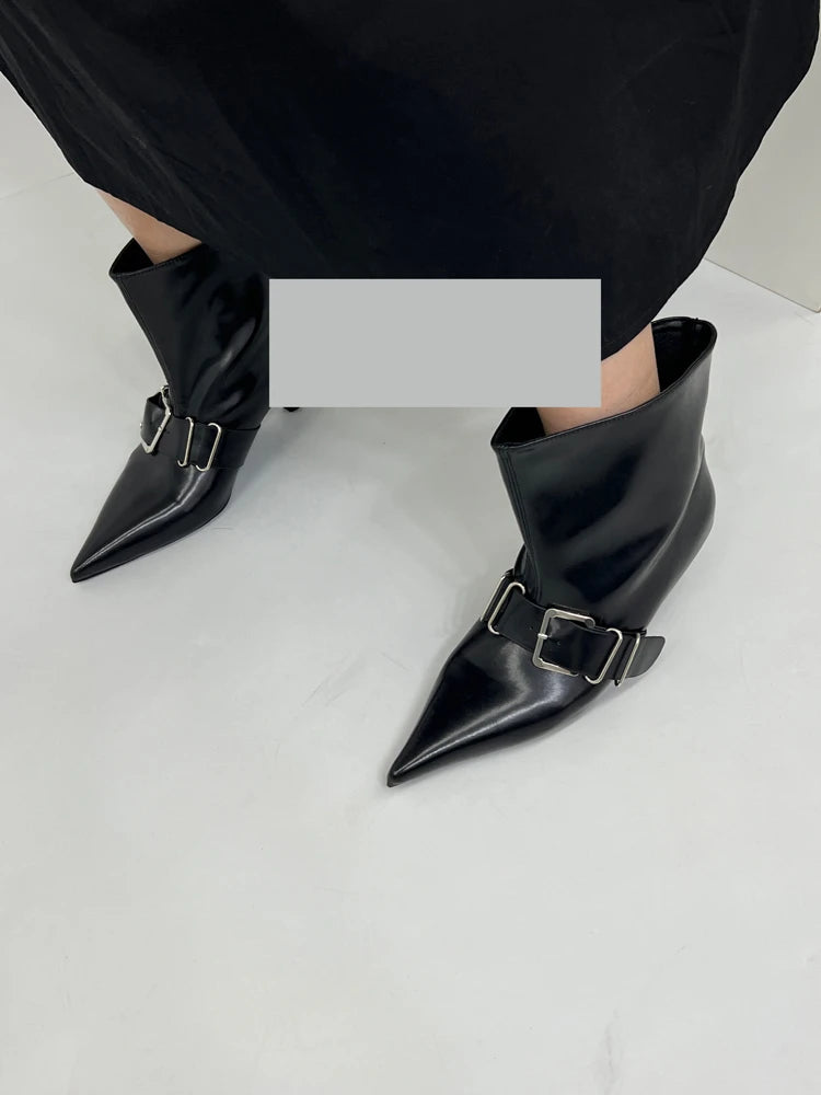 Pointed Toe Metal Buckle Strap Short Boots