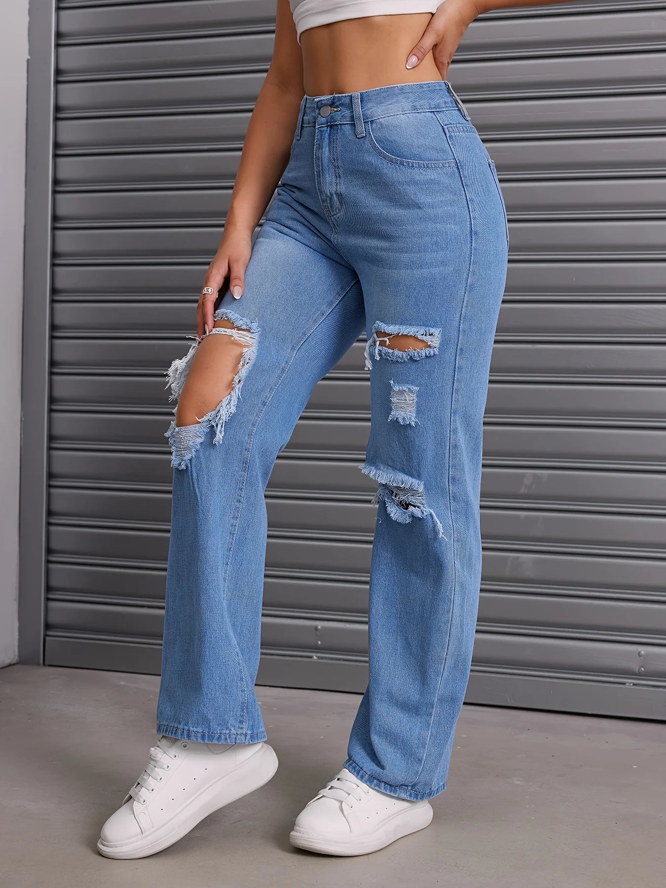 Blue Ripped High Waist Straight Jeans