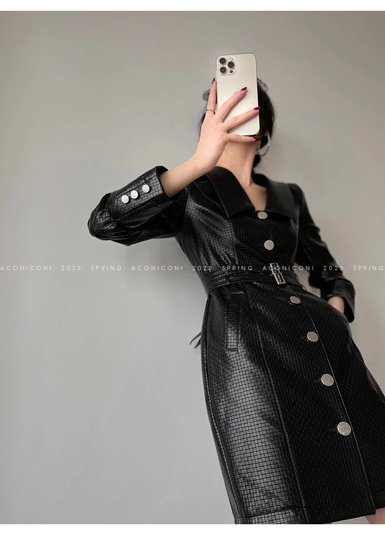 Chic Retro Black Gingham Pu Leather Dress