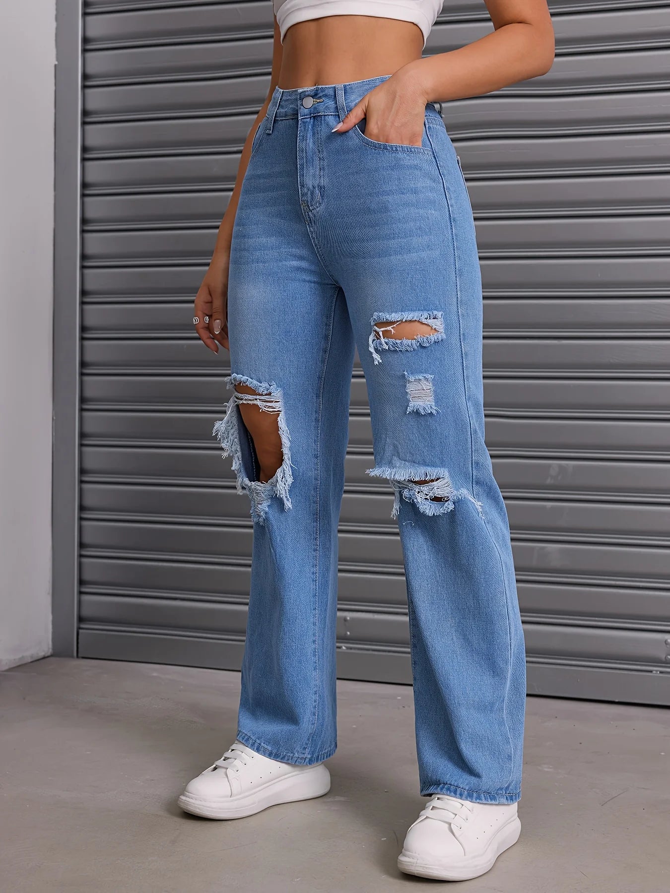 Blue Ripped High Waist Straight Jeans