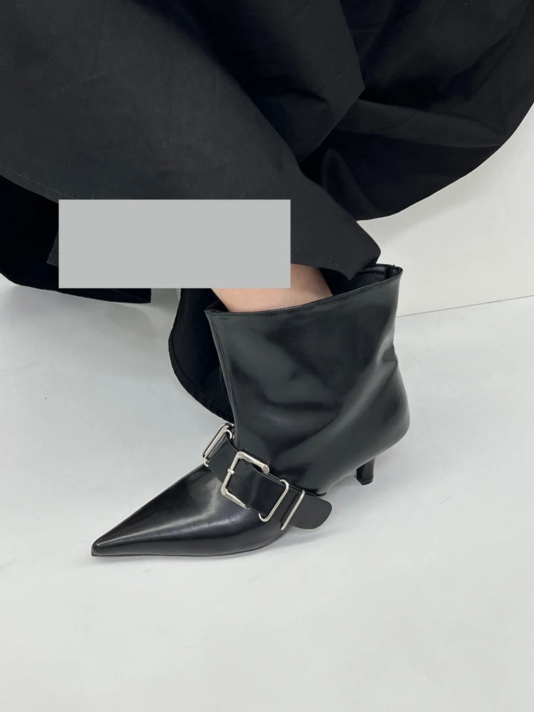 Pointed Toe Metal Buckle Strap Short Boots