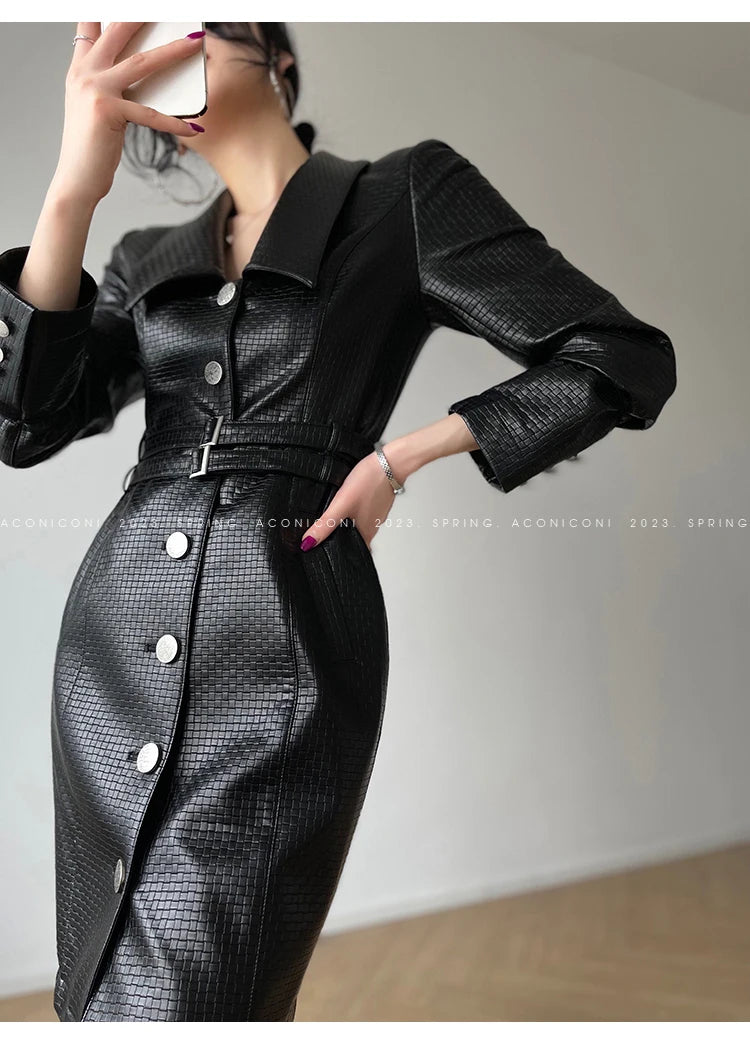 Chic Retro Black Gingham Pu Leather Dress