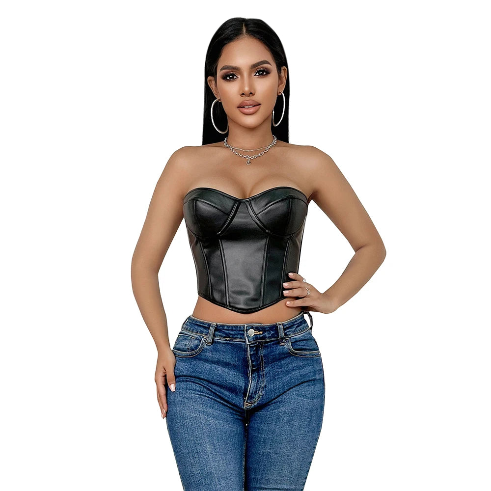 Faux Leather Overbust Corset Tank Crop Top