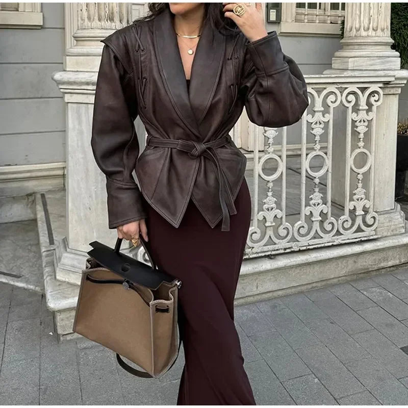 Pu Leather Jacket Chic Lapel Long Sleeve Slim