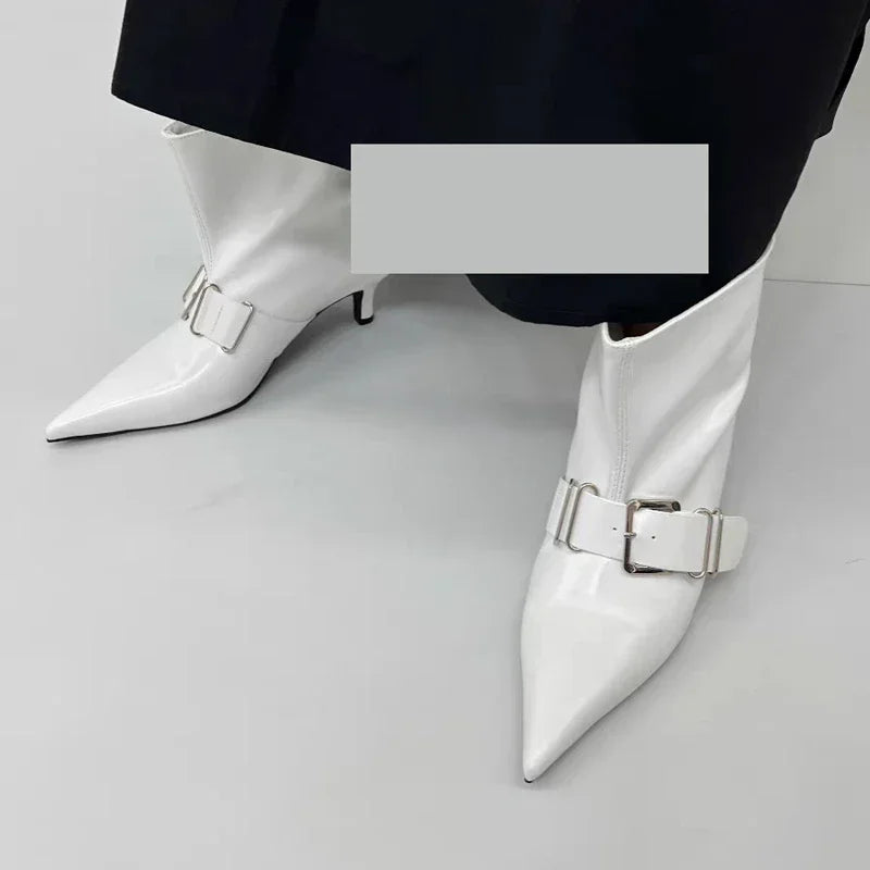 Pointed Toe Metal Buckle Strap Short Boots