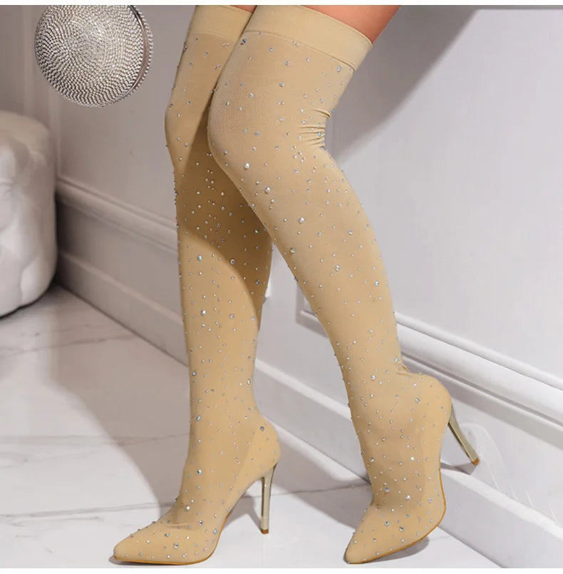 Crystal Rhinestone Stretch Fabric Sexy High Heels boots