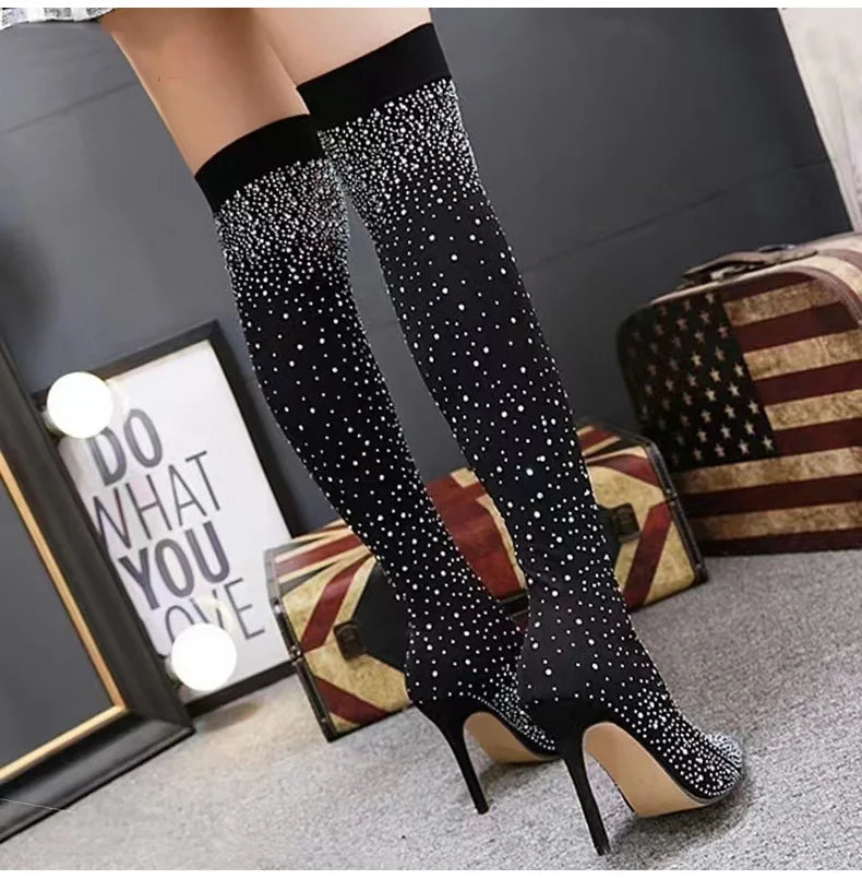 Crystal Rhinestone Stretch Fabric Sexy High Heels boots