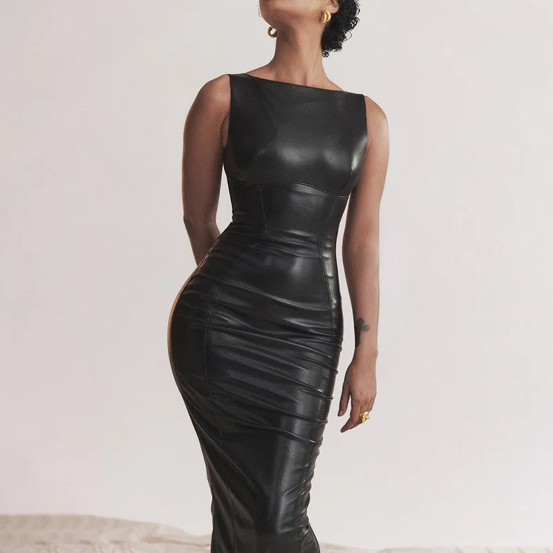 Leather Sleeveless Bodycon Zipper Long Dress